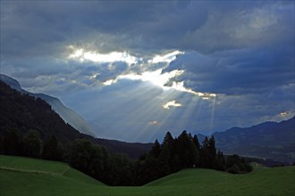 Clouds over mountain landscape, Karwendel, sunbeams, Austria, Europe