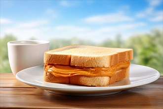 Peanut butter sandwich on plate with blurry nature background. KI generiert, generiert, AI