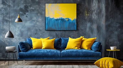 A blue couch with yellow pillows sits in front of a yellow wall. Modern luxury interior design, AI