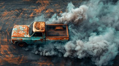 A rusty blue pickup truck enveloped in thick smoke on a textured surface, AI generated