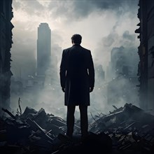 Silhouette of a businessman against a backdrop double exposure that reveals a destroyed cityscape,