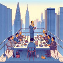 Illustration of businessmen having a meal on a rooftop with a city backdrop, ai generated, AI