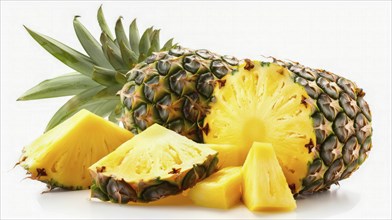 Close-up of a whole and sliced pineapple showcasing its juicy, yellow interior, AI generated