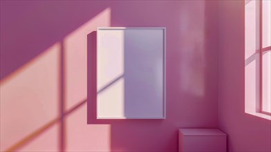 Pink-walled room with an empty frame, bathed in sunlight and shadows, AI generated