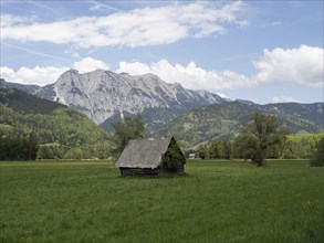 Hay barn in a meadow, mountain range behind, near Woerschach, Enns Valley, Styria