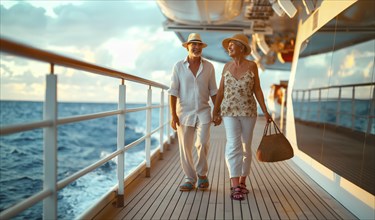 Happy senior couple taking a relaxing stroll on the deck of their luxury cruise ship. generative