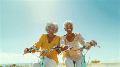 Two happy african american women riding bikes on the ocean boardwalk. generative AI, AI generated