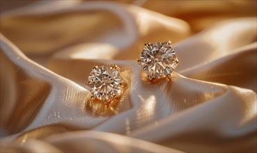 Pair of intricately crafted diamond stud earrings placed on a smooth satin material background AI