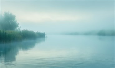 A calm riverside scene with fog rolling over the water in the early morning AI generated
