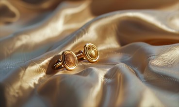 A pair of gold cufflinks arranged on a smooth satin material background AI generated