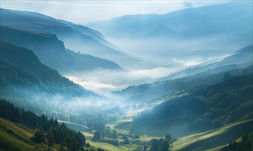 A misty mountain valley bathed in soft morning light AI generated