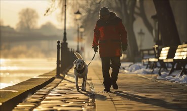 A guide dog leading its owner along a suburban sidewalk AI generated