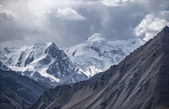 Glaciated and snow-covered mountain peaks, Tian Shan, Sky Mountains, Engilchek Valley, Kyrgyzstan,