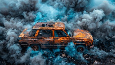 Burned-out car in smoldering remains amidst eerie blue smoke, AI generated