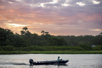 Motorboat in the Tortuguero River at sunset, tropical rainforest, Tortuguero National Park, Costa