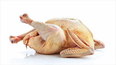 Roasted chicken with golden skin on a white background, AI generated