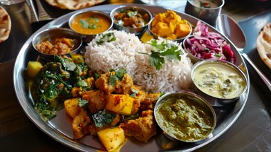 A complete Indian meal with rice, spinach curry, paneer, and sides on a round metal platter, AI