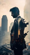 Silhouette of a businessman against a backdrop double exposure that reveals a destroyed cityscape,