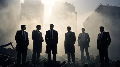 Silhouette of a group of businessman against a backdrop double exposure that reveals a destroyed