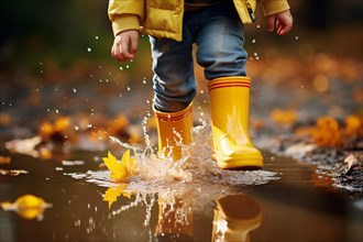 Child with yellow rubber boots running through water puddle, AI generated