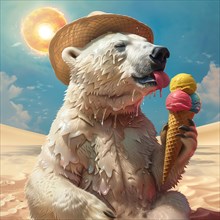 A melting polar bear eats an ice cream in the hot desert, wears a straw hat under a bright sun,