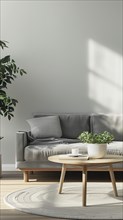 Grey couch near a coffee table. AI generated
