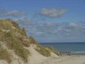 Sand dunes with grass, behind them the sea and a bench, above them a cloudy sky, dunes on an island