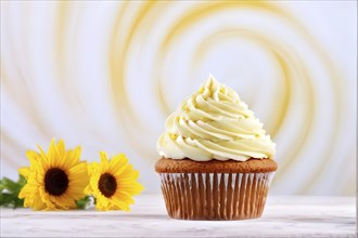 Cupcake with soft cream frosting perfectly swirled against a sunflower yellow backdrop, AI