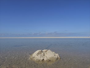 Quiet beach with a collection of sand in the foreground and blue sky, wide sky on a lonely North