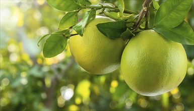 Two grapefruits on a tree branch with green leaves under sunbeams in nature, AI generated, AI