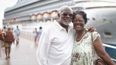 Happy african american senior couple portrait in front of their luxury cruise ship. generative AI,