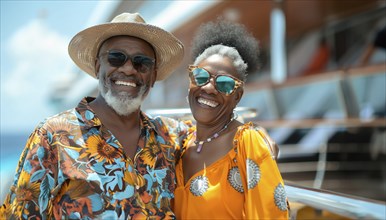 Happy african american senior couple portrait on the deck of their luxury cruise ship. generative