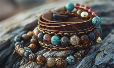 A leather wrap bracelet adorned with natural gemstones and antique beads AI generated