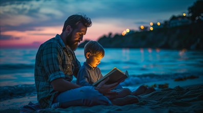 A father and a boy are sitting on the beach reading a book, tales or a Bible, AI generated