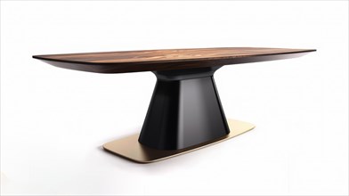 A stylish walnut dining table with a black base and gold accent, AI generated