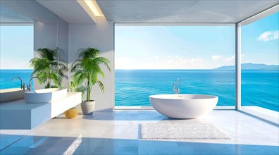 Luxury modern bathroom interior in ocean condo with expensive design and scenic view, AI generated