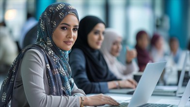 Diverse group of professional women wearing hijabs working together in an office setting, ai