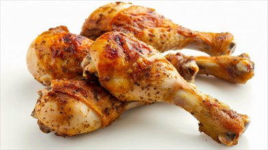 FourThree roasted chicken drumsticks on a white background, AI generated