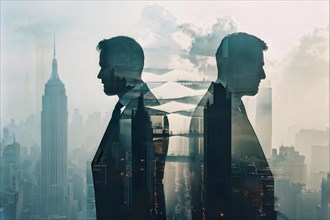 Silhouette of two businessman against a backdrop double exposure that reveals a destroyed