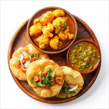 Overhead shot of Indian meal with cauliflower curry, naan, and chutney, AI generated