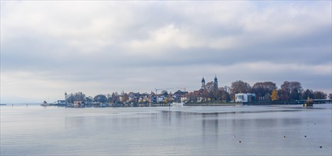 View over the lake to the village of Lindau Island with church towers, Lindau, Lake Constance,