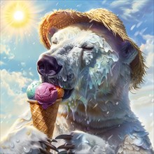 A melting polar bear enjoying ice cream under the hot sun, wearing a straw hat, water and drops
