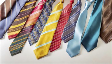 A range of colourful ties in different patterns and styles, mostly striped, on a light background,