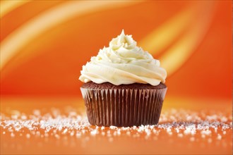 Cupcake with swirls of buttercream frosting in vanilla against orange background, AI generated