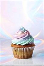 Cupcake with swirls of pastel frosting resting on a subtle iridescent surface, AI generated