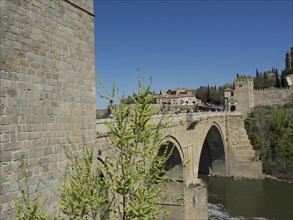 Stone bridge over a river with a historic castle in the background and green plants in the