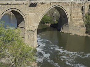 Close-up of a stone bridge over a river with surrounding vegetation and blue sky in the background,