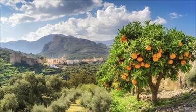 Orange tree with ripe fruit in a Mediterranean landscape AI generated, AI generated