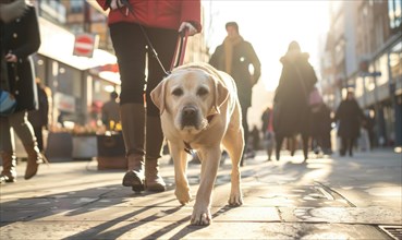 A guide dog leading its owner along a suburban sidewalk AI generated