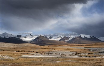 Autumnal plateau with brown grass, glaciated and snow-covered peaks, Kumtor Glacier and Sary-Tor